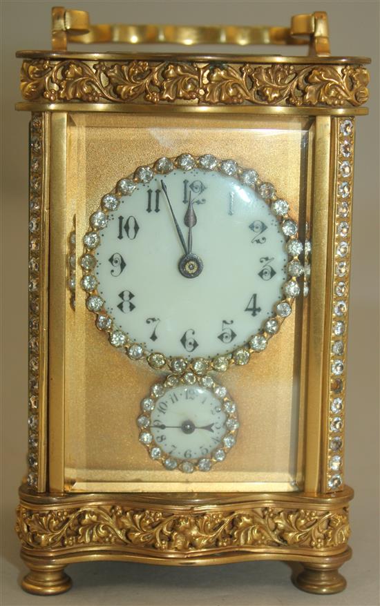 An early 20th century French gilt brass carriage alarm clock, 5.25in.